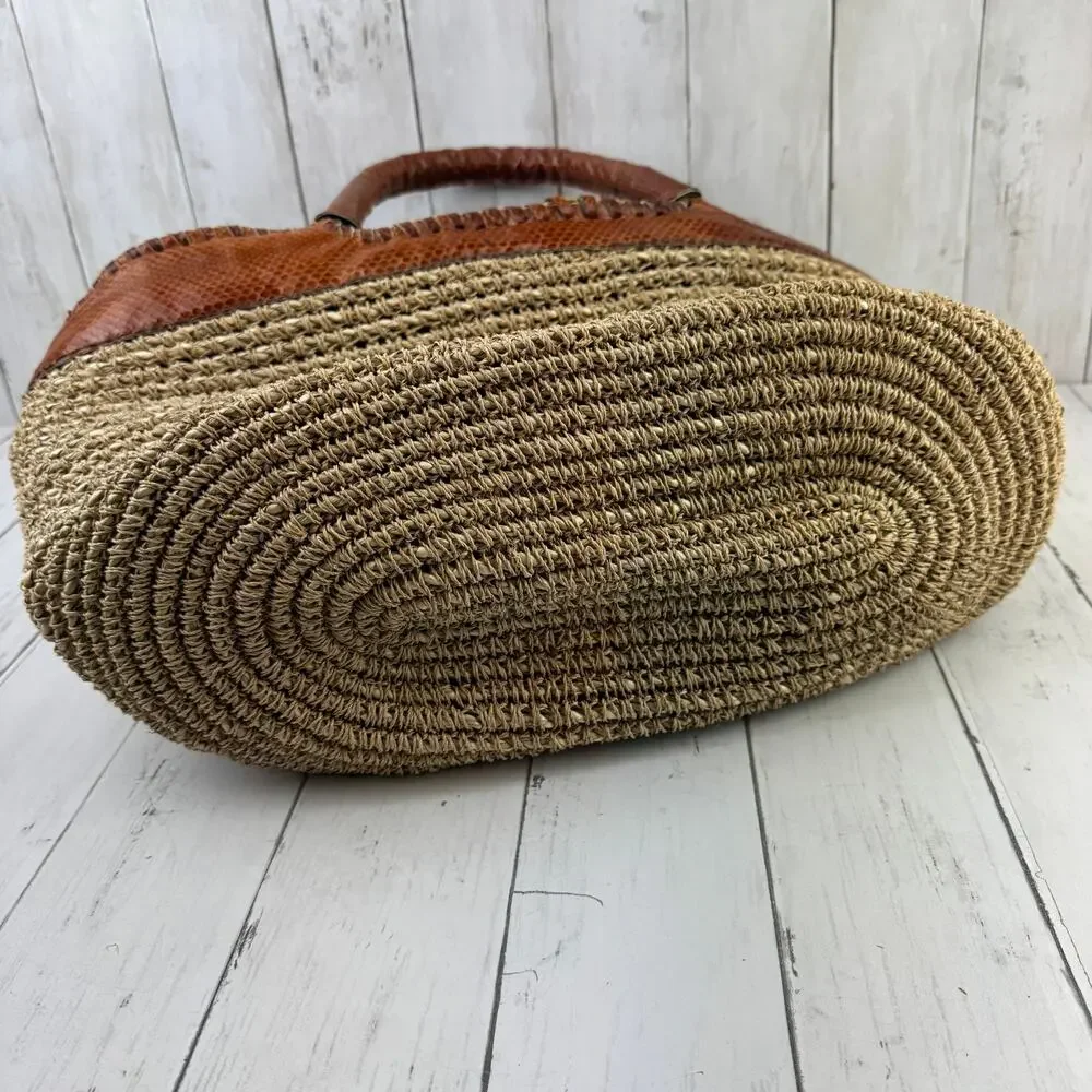 VTG Beirn Brown Cotton Raffia and Leather Trim Shoulder Tote Bag Hand Made